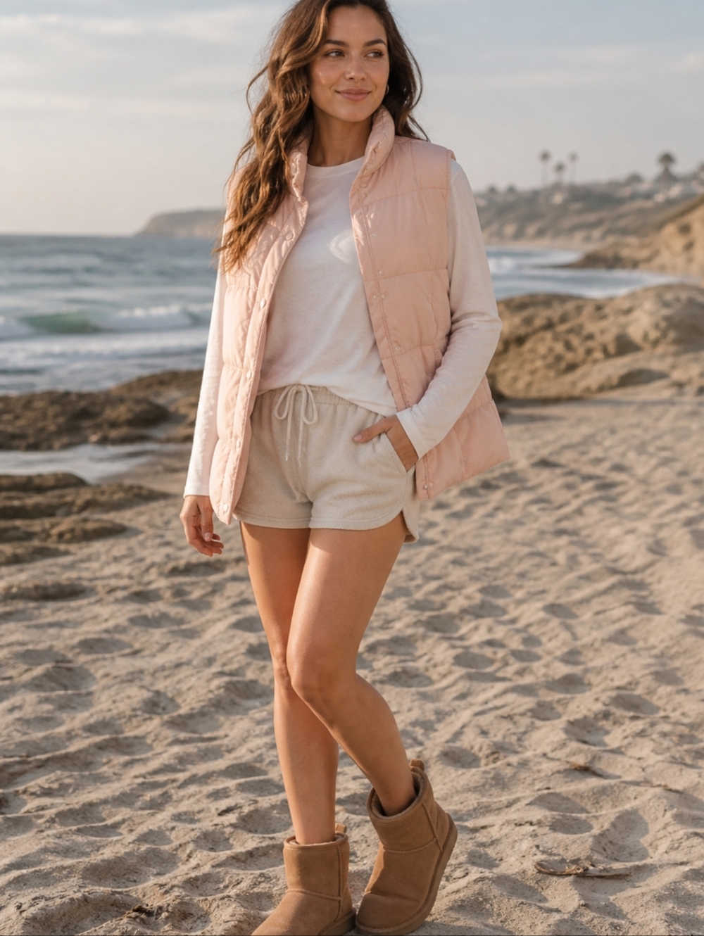 Land's End blush pink puffer vest. Gorpcore Warm Down filled. Snap front sz S